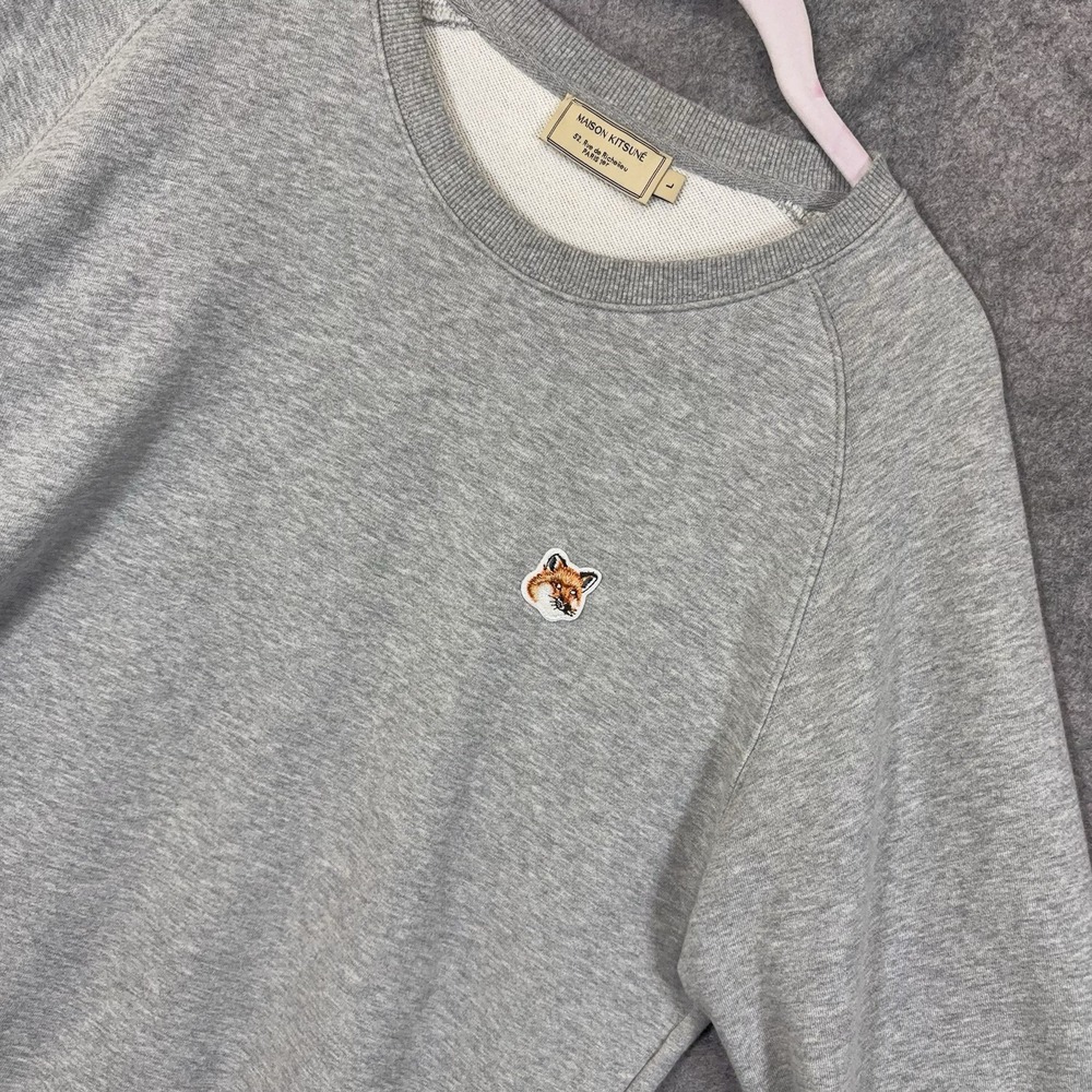 Maison Kitsune Sweatshirt Mens Sz L Gray Embroidered Fox Head Classic Paris